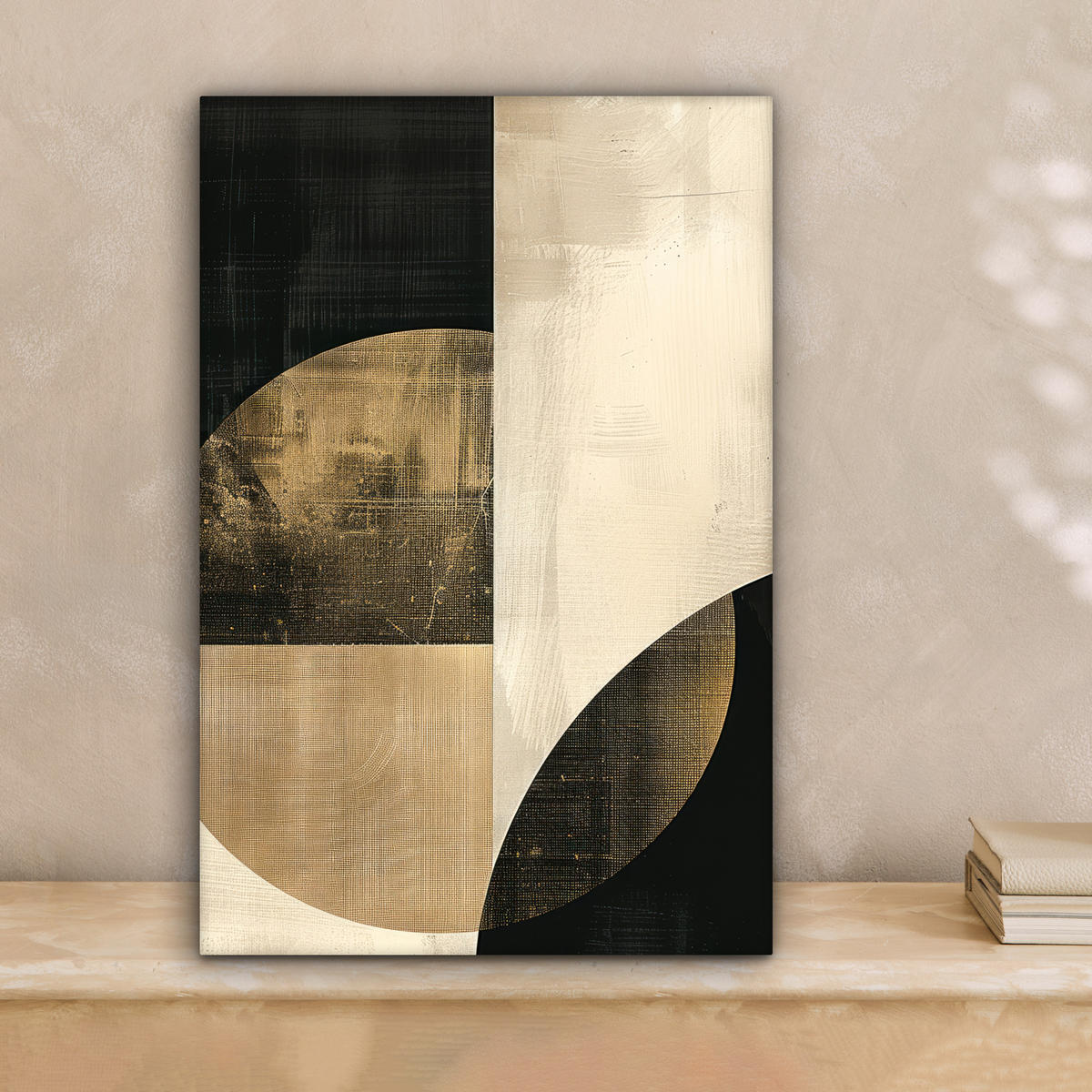 LEINWANDBILD Abstrakt - Geometrische Formen - Schwarz - Gold Deko Wohnzimmer 20x30 cm - Ecru, Textil (20/30cm) - MuchoWow