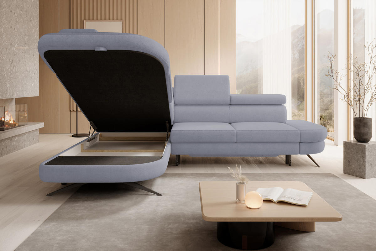 ECKSOFA OTIS L-förm, Schlaffunktion, verstellbare Kopfstützen, in AURORA-Stoff, lose Rückenkissen, freistehend, LINKS 218x276x97 cm Light Grey - Hellgrau, Holz/Textil (218/276cm) - DomoHome