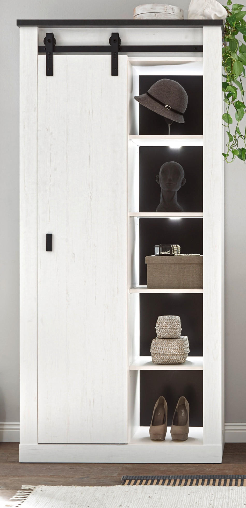 STAURAUMSCHRANK weiß Pinie, anthrazit, Landhaus, Regalschrank 93 x 201 cm Mehrzweckschrank - Anthrazit/Weiß, Holzwerkstoff/Metall (93/201/38cm) - Furn.Design