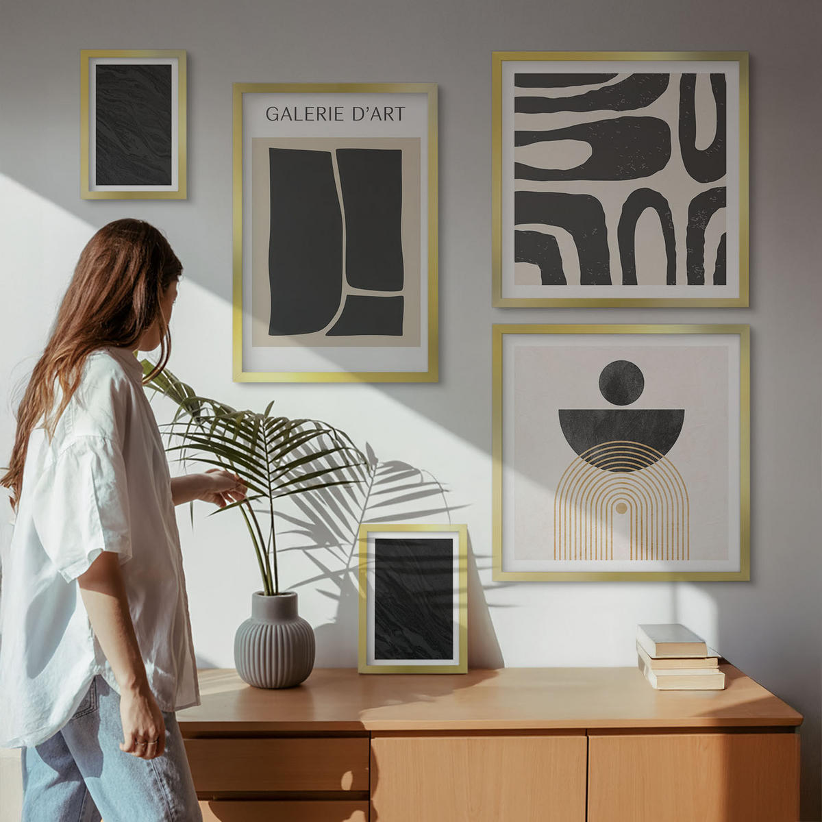 BILDER SET 5er Set - 50x50 cm & 20x30 cm & 40x60 cm Goldrahmen - Abstrakte Marmorformen - Goldfarben, Kunststoff (40/60cm) - TULUP