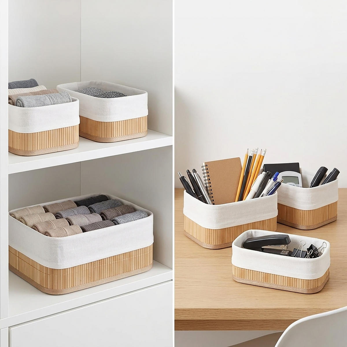KOŠARA Naravna 3-delni-Set bambus - svetlo rjava, leseni material/tekstil (30/12.5/20cm) - Relaxdays