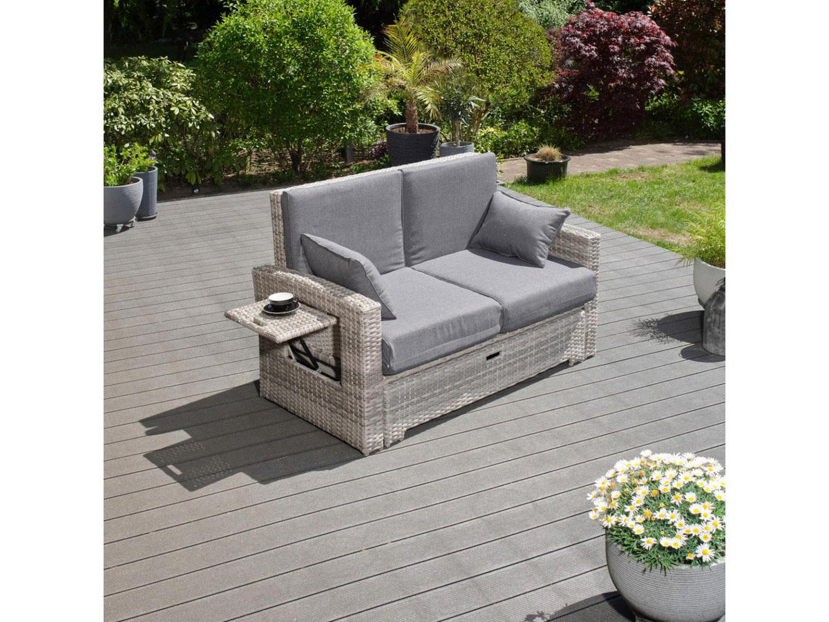GARTEN-MULTIFUNKTIONSSOFA Sunny Grau Polyrattan ausklappbar für 2 Personen - Grau, Kunststoff (80/175/120cm) - Green Spirit