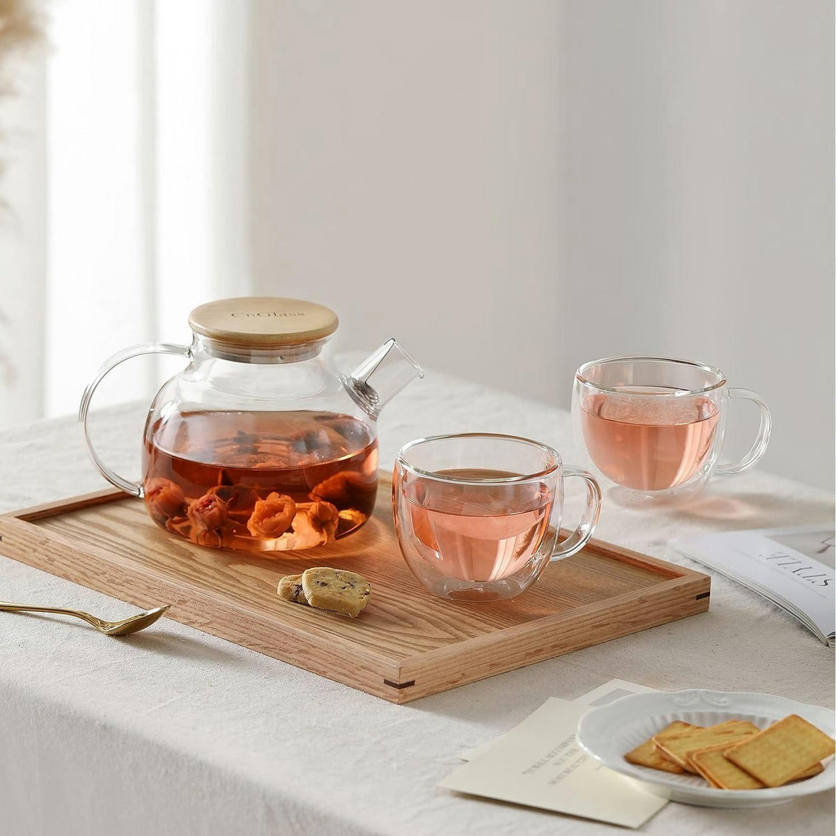 TEEKANNE Glas mit Siebeinsatz 600ml Herdplattensicher Bambusdeckel - Transparent, Glas (12.9/10.9cm)