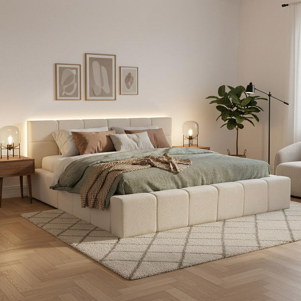 LED BETT GALA - Beige, ohne Matratze - Beige, Kunststoff - Home Deluxe