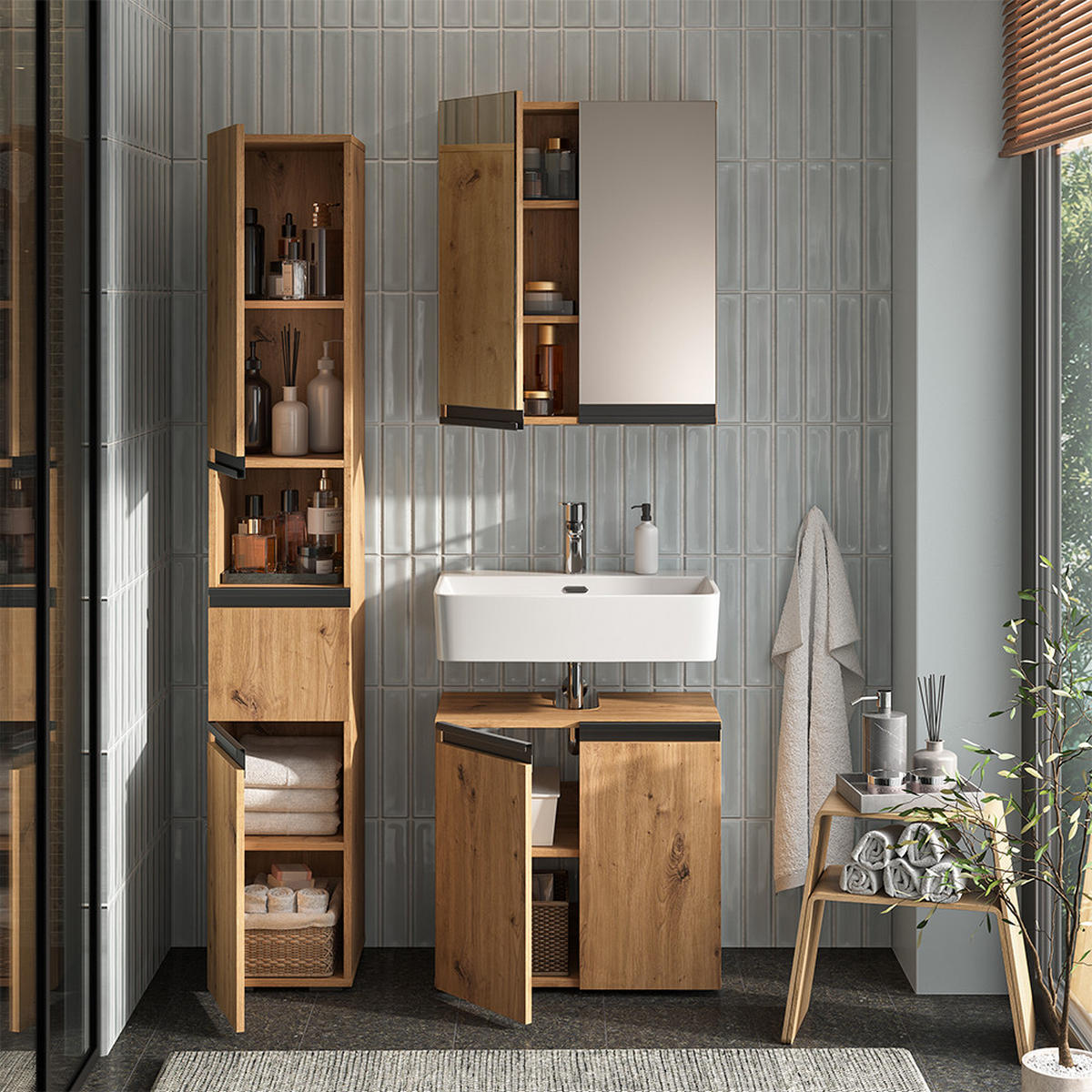 BADMÖBEL-SET Torren Artisan 3 Teile, mit Hochschrank - Hellgrau, Holzwerkstoff (60/58/35cm) - Vicco