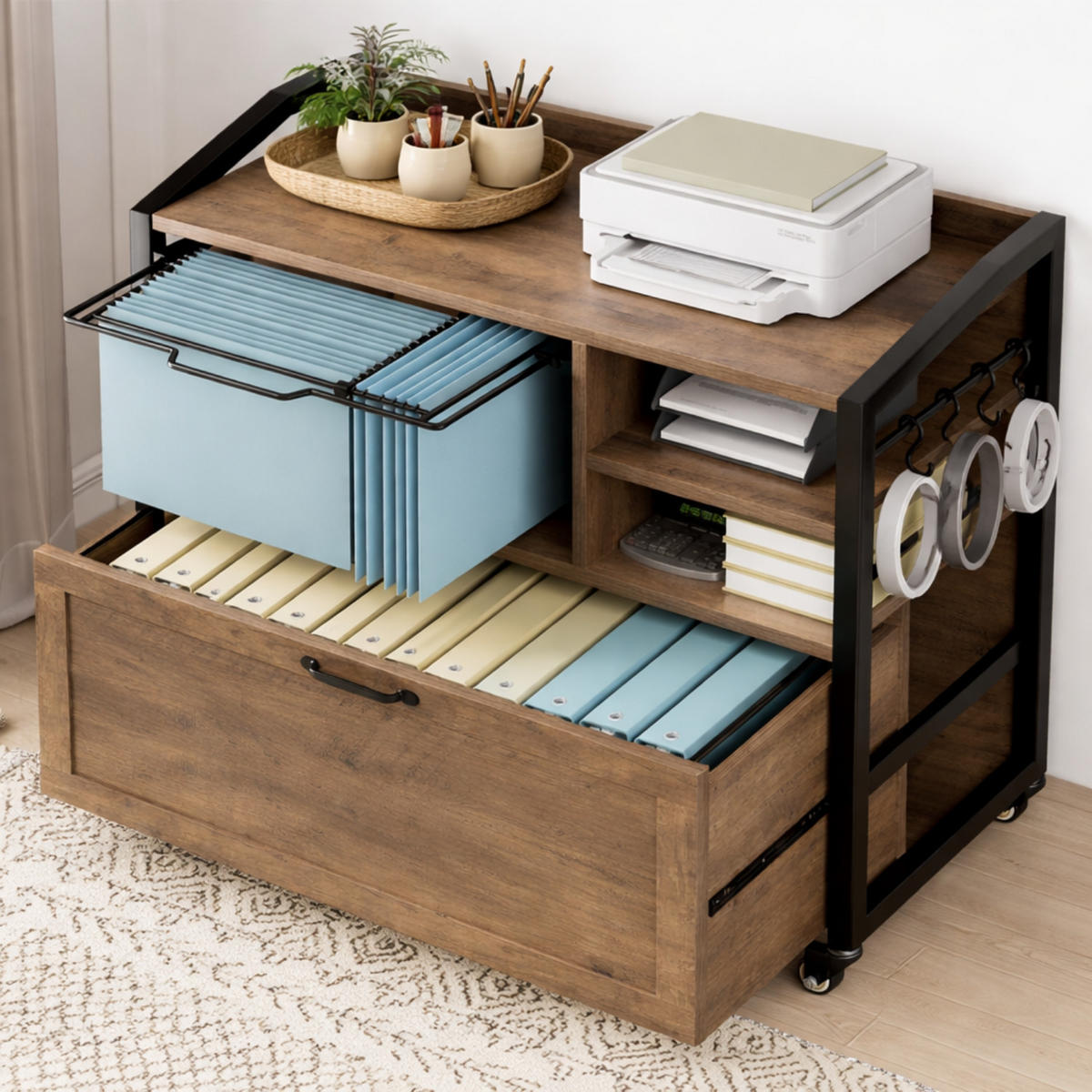 ROLLCONTAINER AKTENSCHRANK mit Hängeregister & Rollen INDUSTRIAL 83.8 x 40.0 x 72.5 cm - Braun, Holzwerkstoff/Metall (83/72.5/40cm) - Quality Elegance