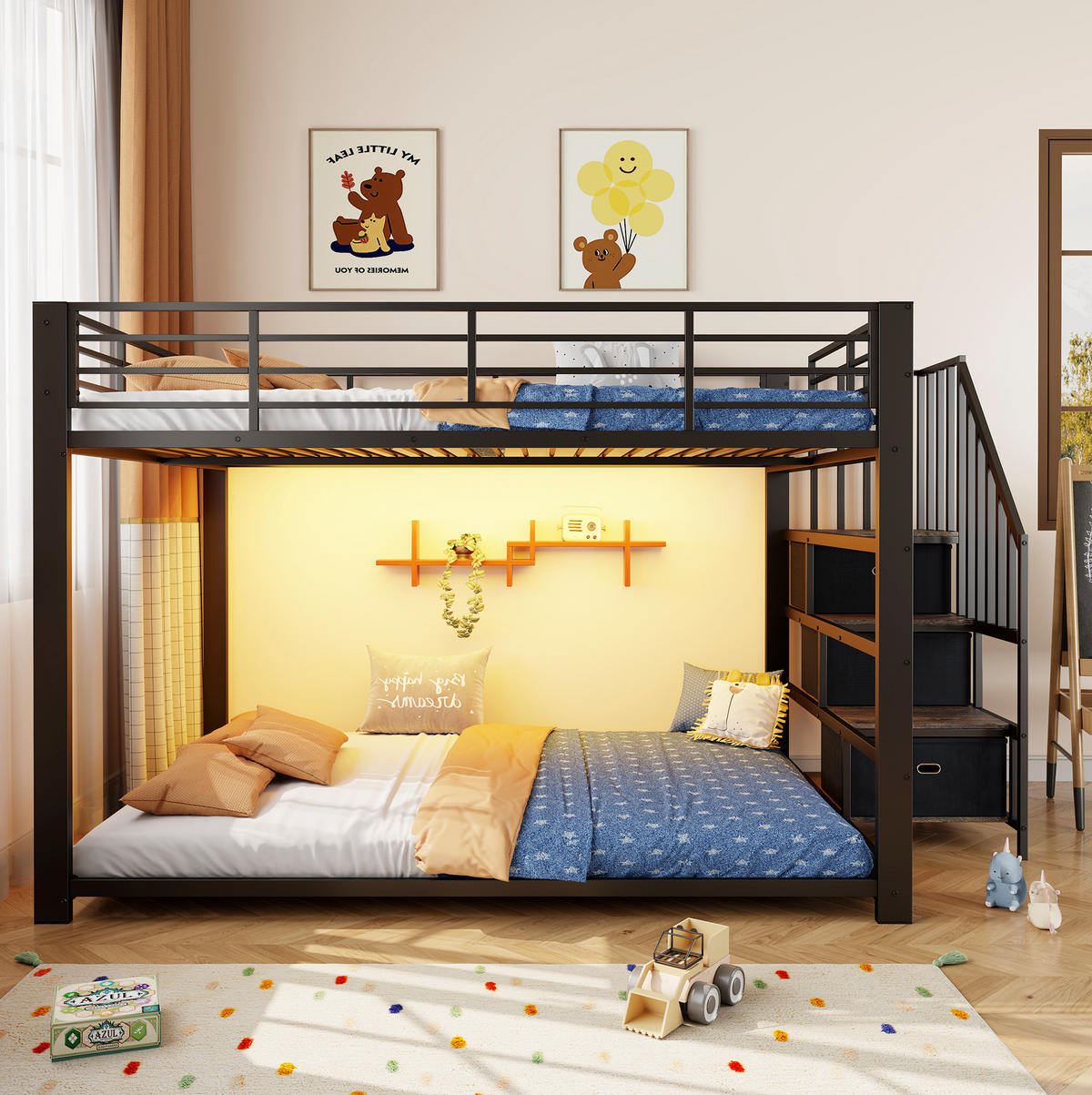 ETAGENBETT aus MDF und Metall 140x200 cm Schwarz mit Stauraumtreppe, LED-Lichtband und USB-Anschlüssen - Schwarz, Holzwerkstoff (140/200cm) - Modfu