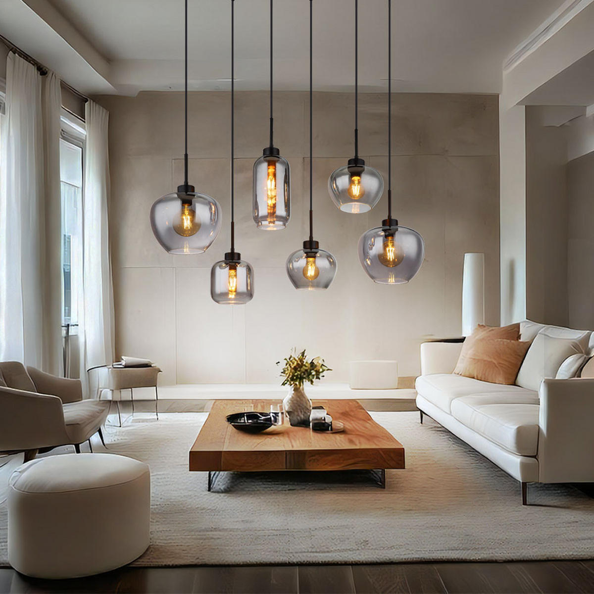 PENDELLEUCHTE Metall Glas Rauchfarbe Schwarz-matt 6-flammig - Grau, Glas (87/43/120cm) - Globo Lighting