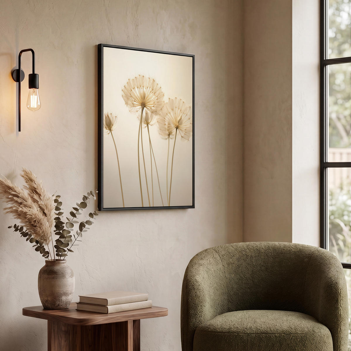 LEINWAND Bilder mit Rahmen - Sonnenlicht - Löwenzahn - Botanisch - Blumen - 60x80 - Creme, Textil (60/80cm) - MuchoWow