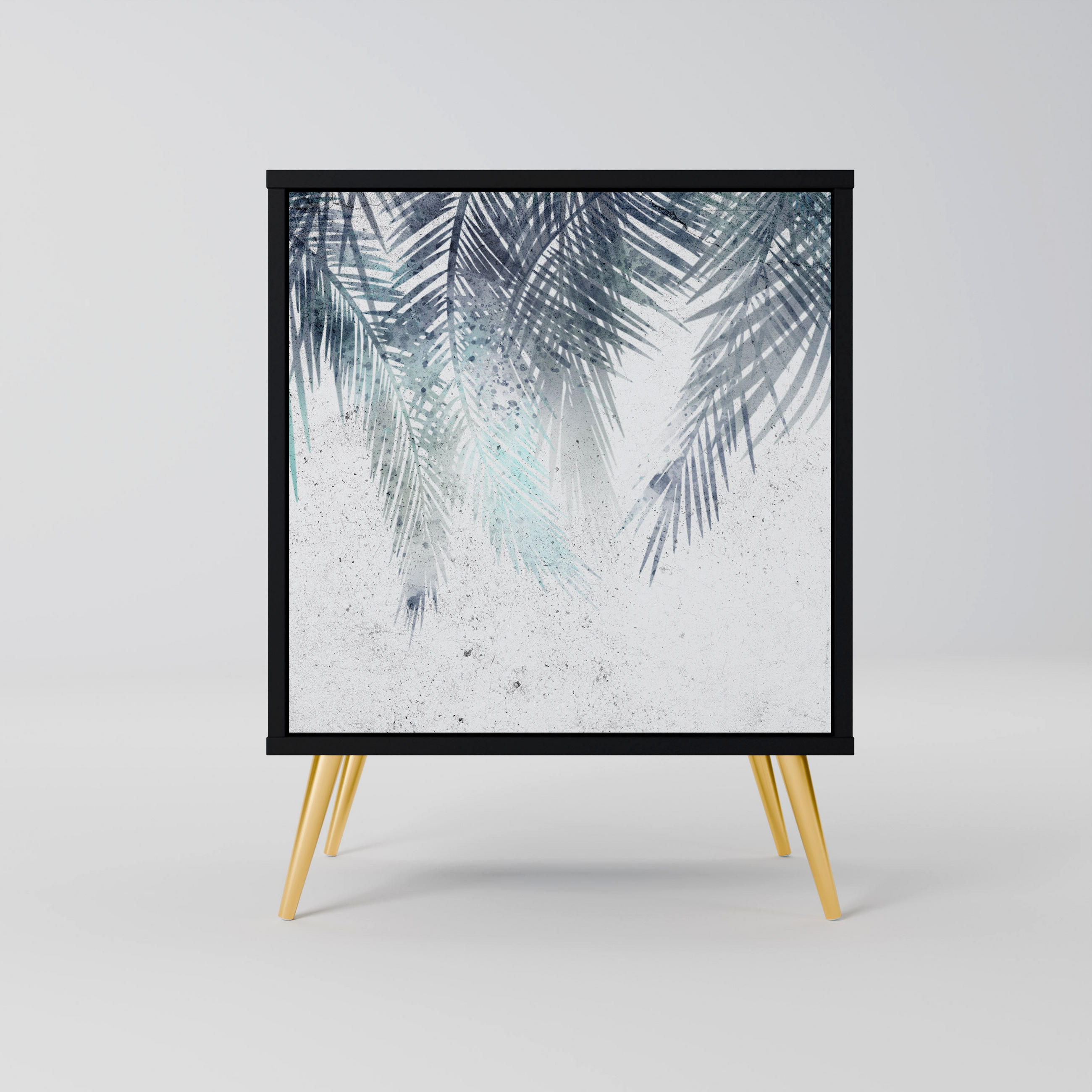 SIDEBOARD PALM VEIL, Schwarz, 57,5x42x75,5 cm, Goldfarbene Metallfüße - Goldfarben/Multicolor, Holzwerkstoff/Metall (57.5/75.5/42cm) - SpaceRebels