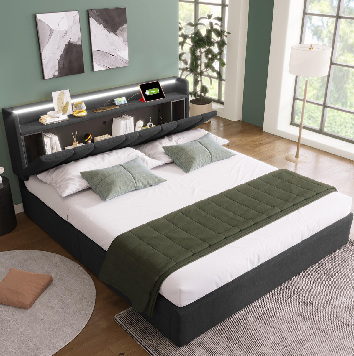 POLSTERBETT 140/200 cm Grau mit Stauraum und USB-Anschlüssen - Grau, Textil (140/200cm) - OKWISH