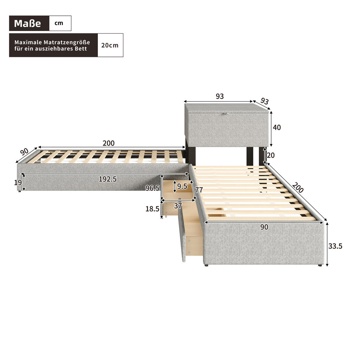 POLSTERBETT mit Ausziehbet in Grau Leinen (ohne Matratze) - Grau, Holz/Textil (90/200cm) - KOMHTOM