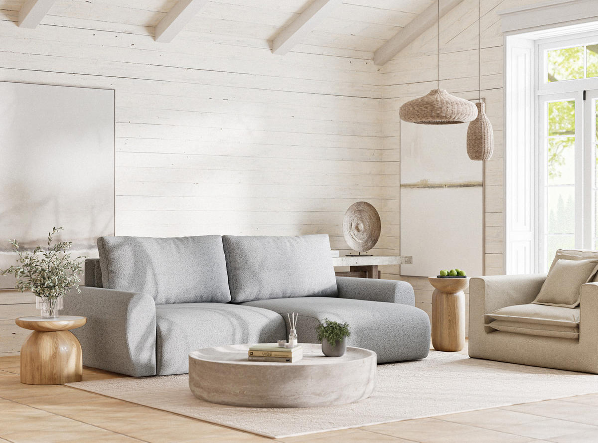 ECKSOFA MIT SCHLAFFUNKTION Numba Hellgrau Webstoff - Hellgrau/Schwarz, Holz/Holzwerkstoff (253/153cm) - Maison de Reve