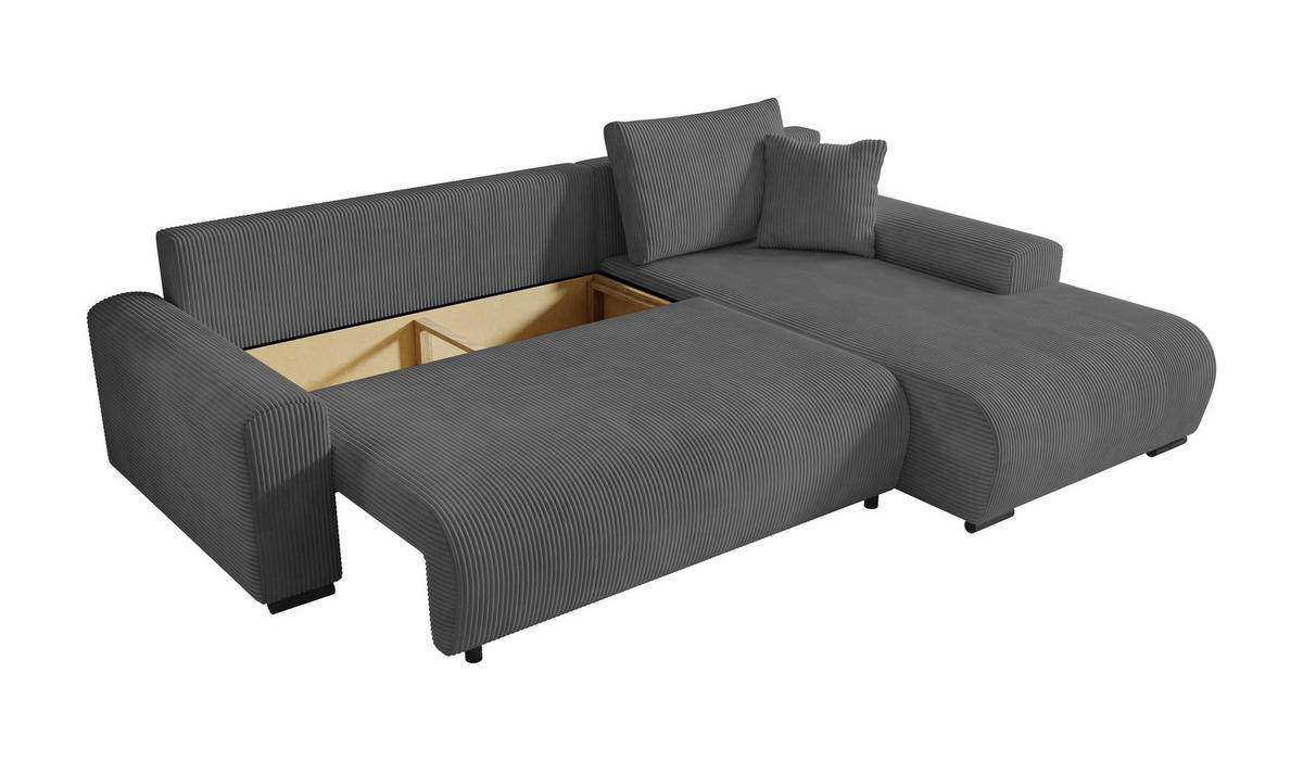 ECKSOFA Nelly mit Bettkasten und Schlaffunktion, Cordstoff in L-Form - Dunkelgrau, Textil (270/185cm)