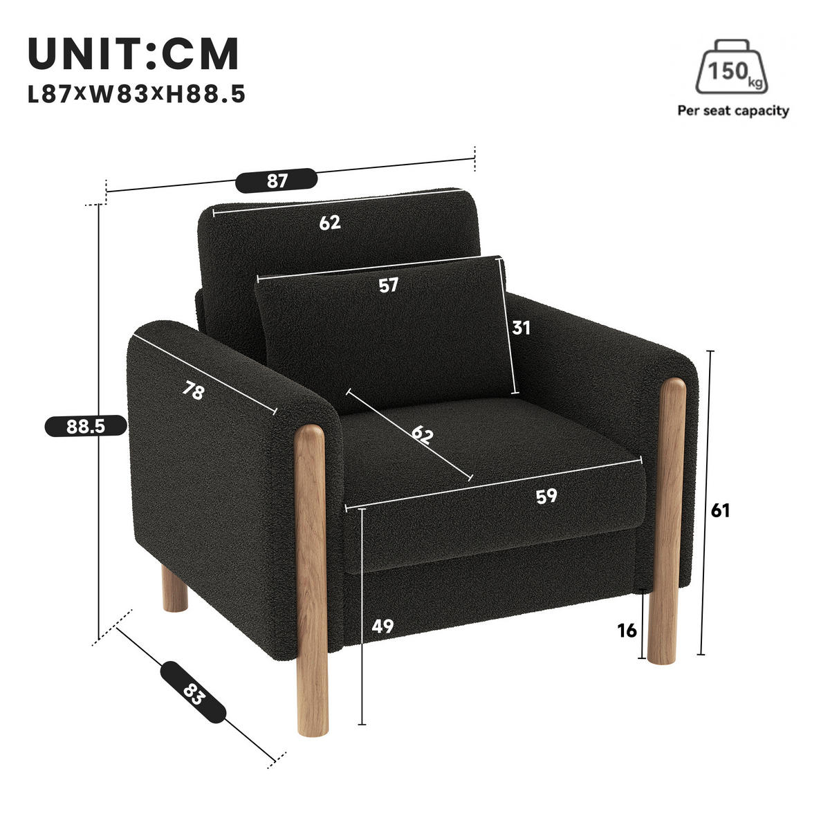 SESSEL mit Kissen 87 x 83 x 88,5 cm Teddy Dark Gray - Dunkelgrau, Kunststoff (83/88.5/87cm) - Meubliv