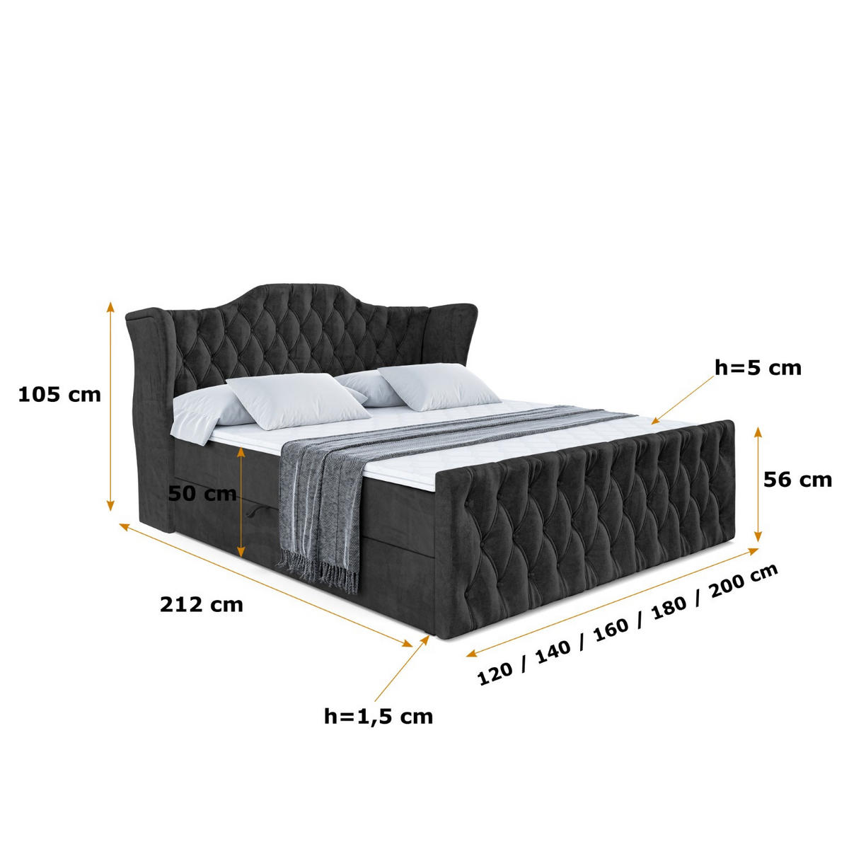 BOXBETT VILA-Z - 120x200 cm - H3 - Schwarz - Schwarz, Holzwerkstoff (120/200cm) - ALTDECOR