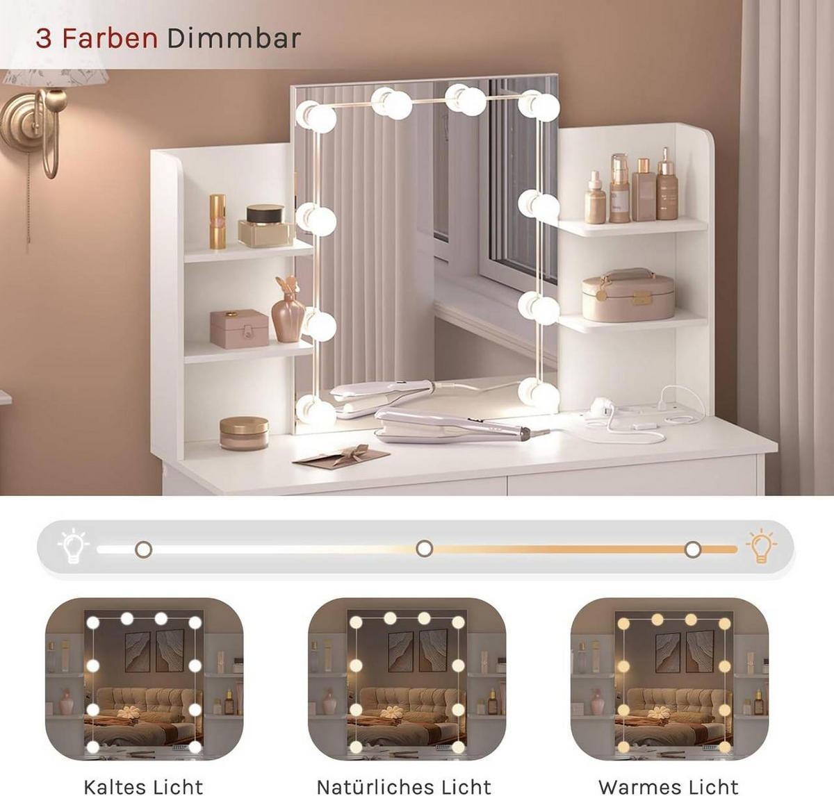 SCHMINKTISCH mit LED-Beleuchtung, 2 Schubladen, Weiß - Weiß, Glas/Holzwerkstoff (90/135/40cm) - Woltu