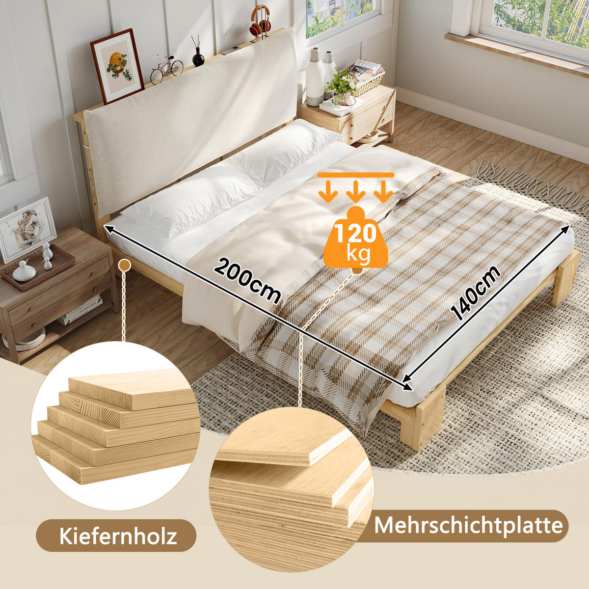 POLSTERBETT 140/200 cm natur aus Holz mit gepolsterter Rückenlehne - Naturfarben, Textil (140/200cm) - OKWISH