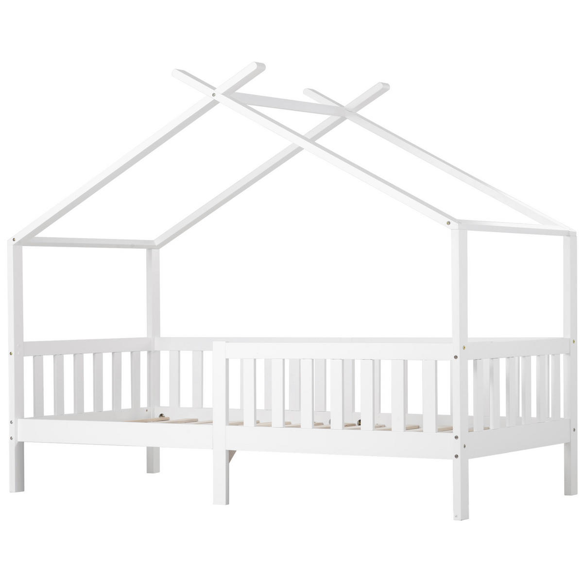 HAUSBETT 90/200 cm in Weiß – mit Satteldach, Zaun und Liegefläche 90/200 cm - Weiß, Holz (90/200cm) - BEAOK