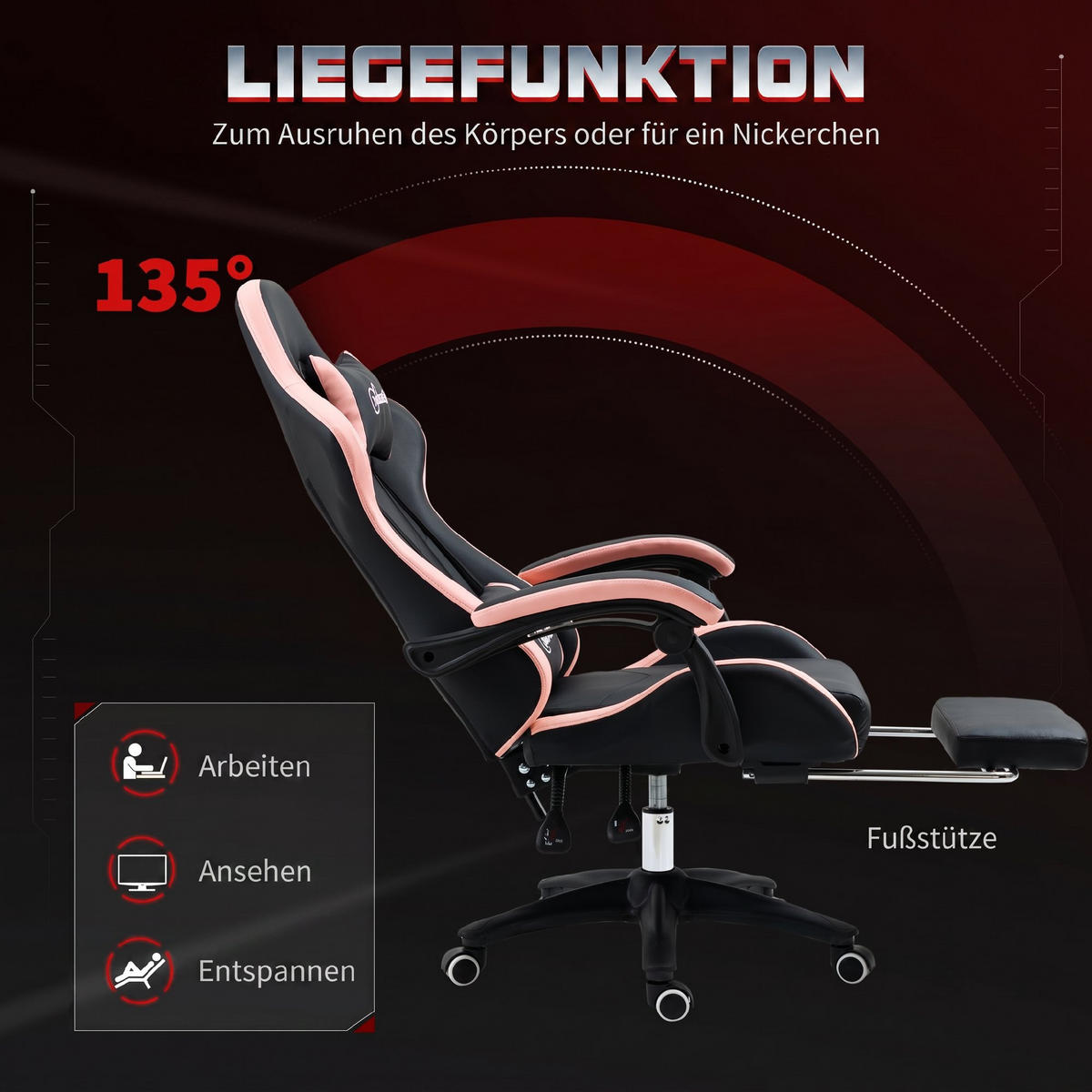 GAMINGSTUHL mit Kopf- und Lendenstütze Rosa + Schwarz - Schwarz, Kunststoff (65/129/65cm)