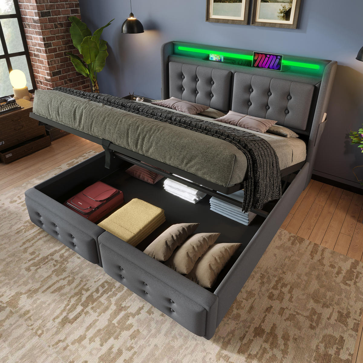 POLSTERBETT 140/200 cm Grau mit LED-Beleuchtung und USB-Anschlüssen aus Baumwolle - Grau, Textil (140/200cm) - OKWISH