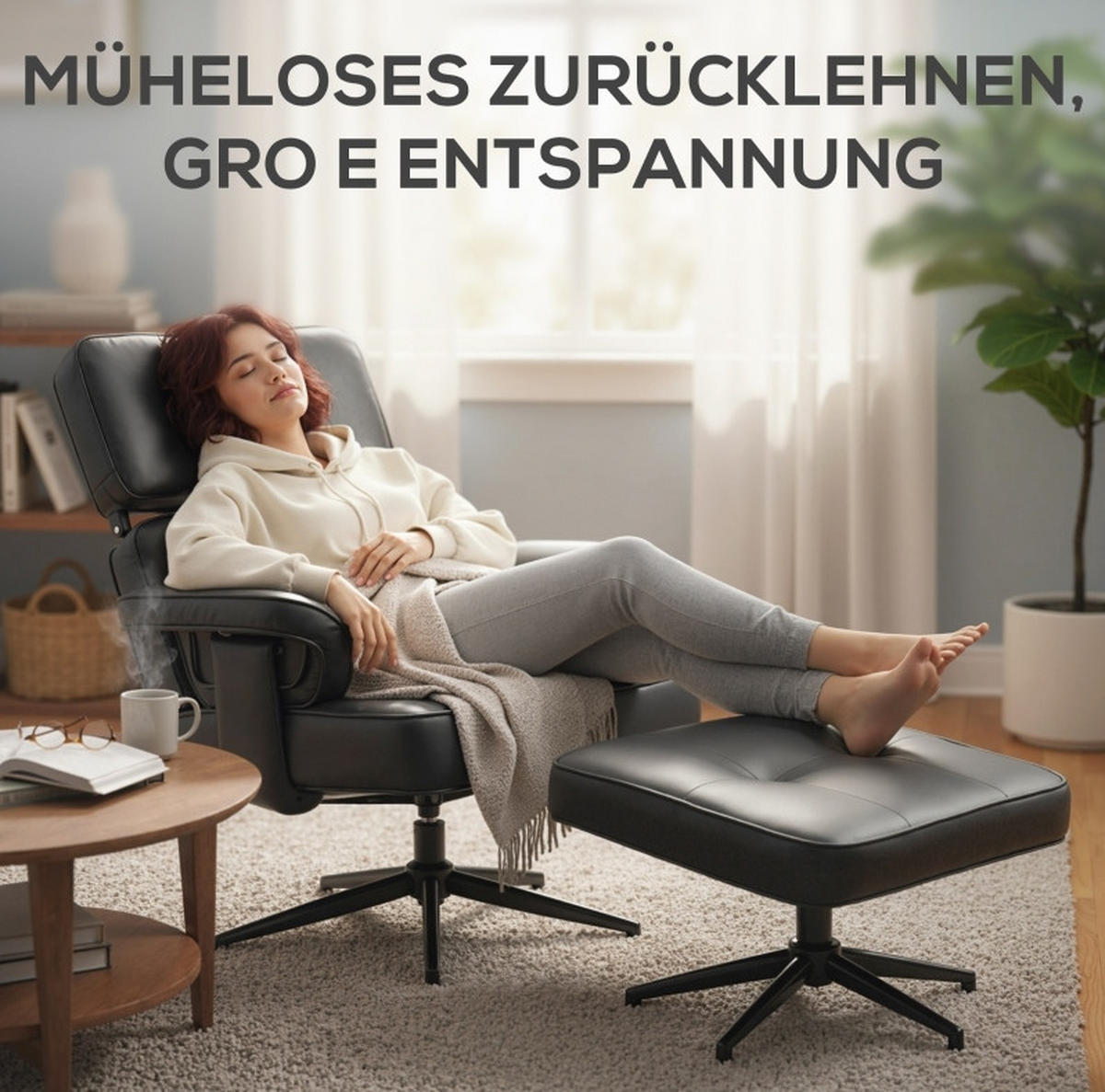 SESSEL 91/79/89 cm in Schwarz mit Fußhocker und verstellbarer Kopfstütze - Schwarz, Kunststoff (91/89/79cm) - BEAOK