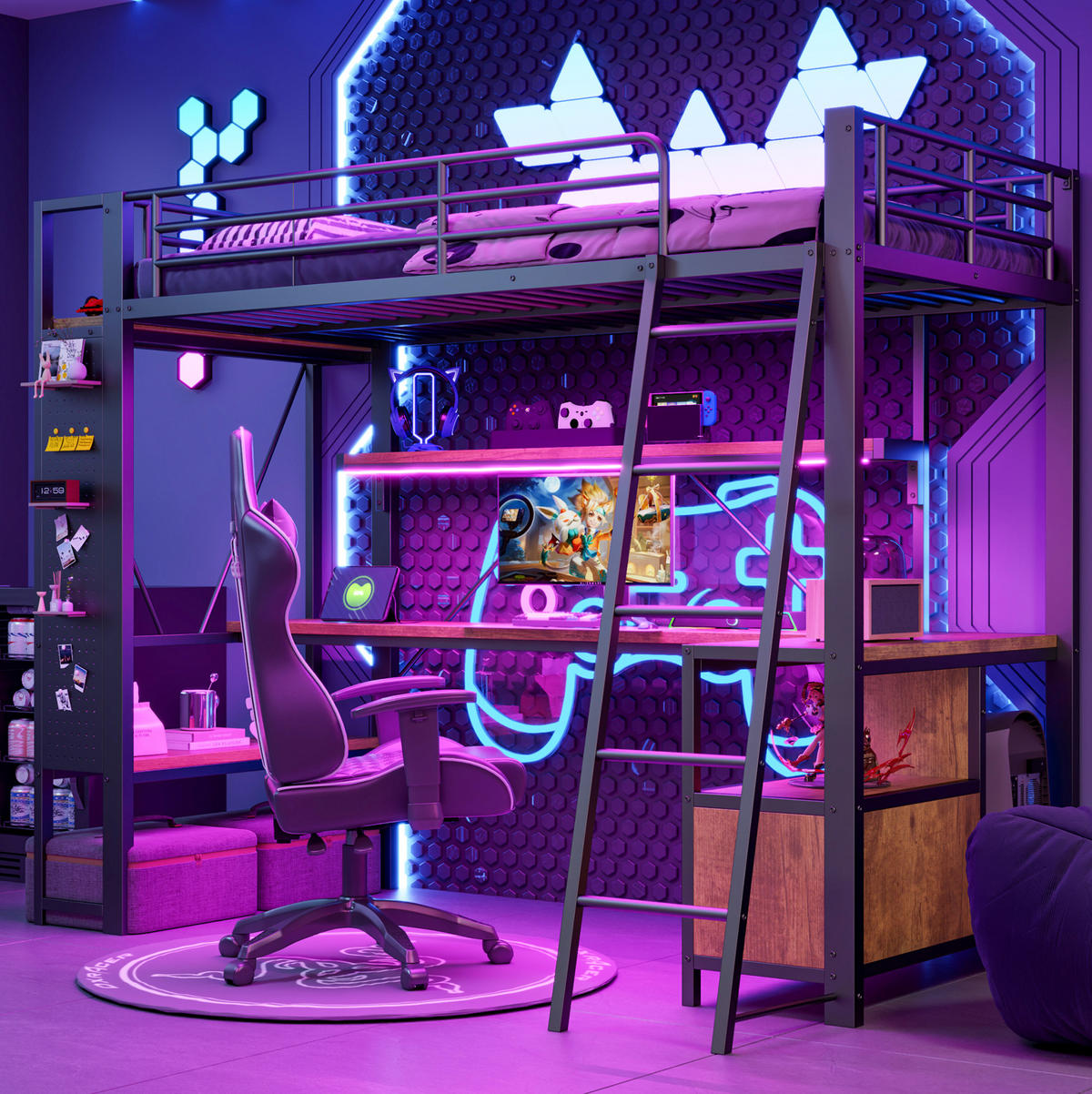HOCHBETT 90/200 cm mit Schreibtisch, LED-Lichtleiste, USB-Anschluss und Stauraum, Schwarz - Schwarz, Metall (90/200cm) - Redom