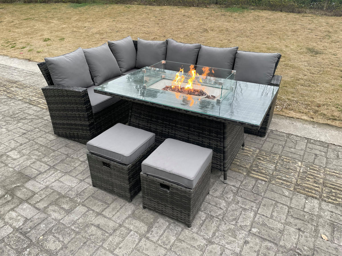 GARTENSOFA SET linke Ecke Polyrattan 8-Sitzer - Dunkelgrau/Grau, Glas/Kunststoff - Fimous