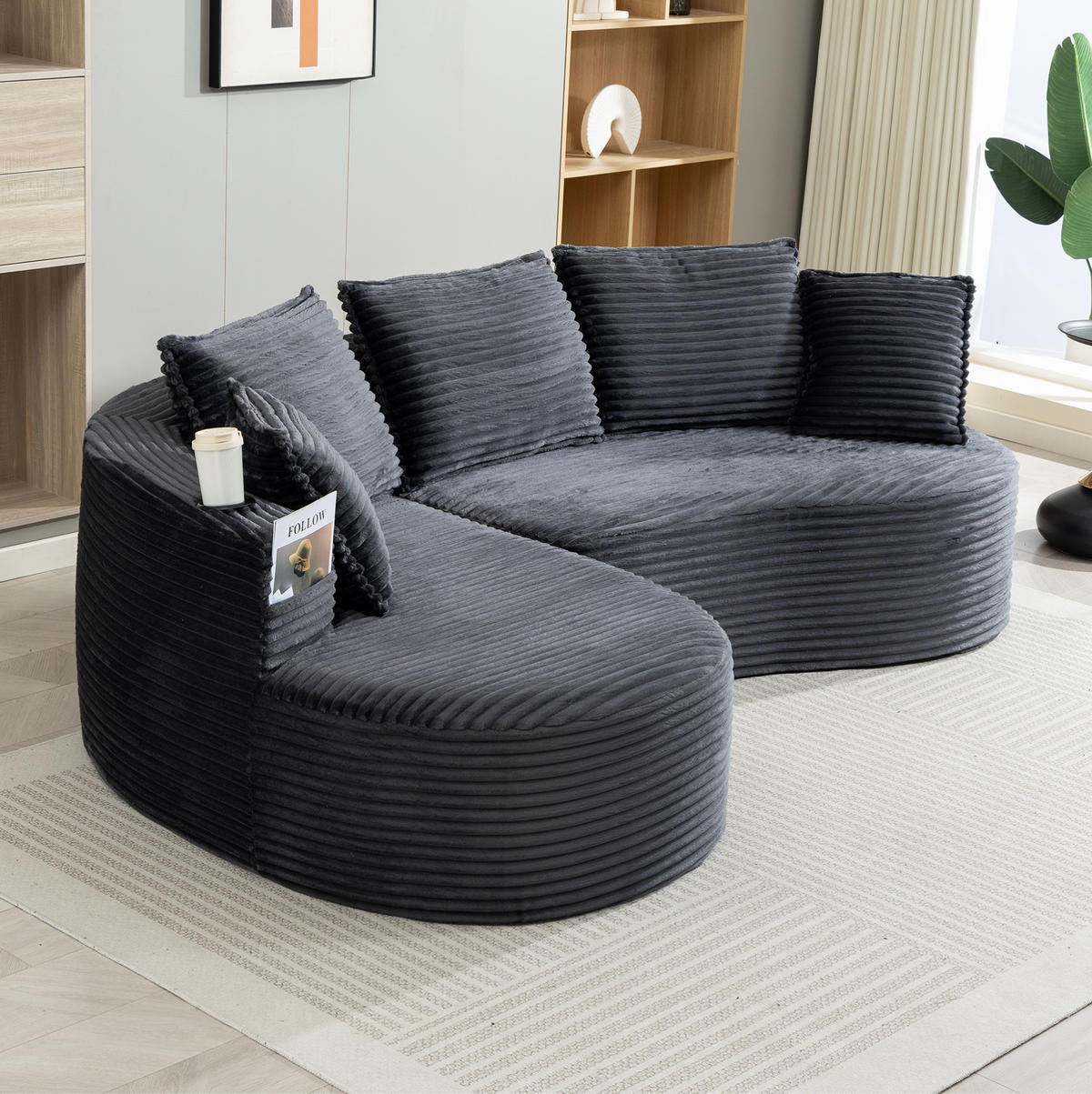 SOFA mit Getränkehaltern und Seitentaschen 250 x 152 cm Cord Dark Gray - Dunkelgrau, Textil (152/250cm) - Meubliv