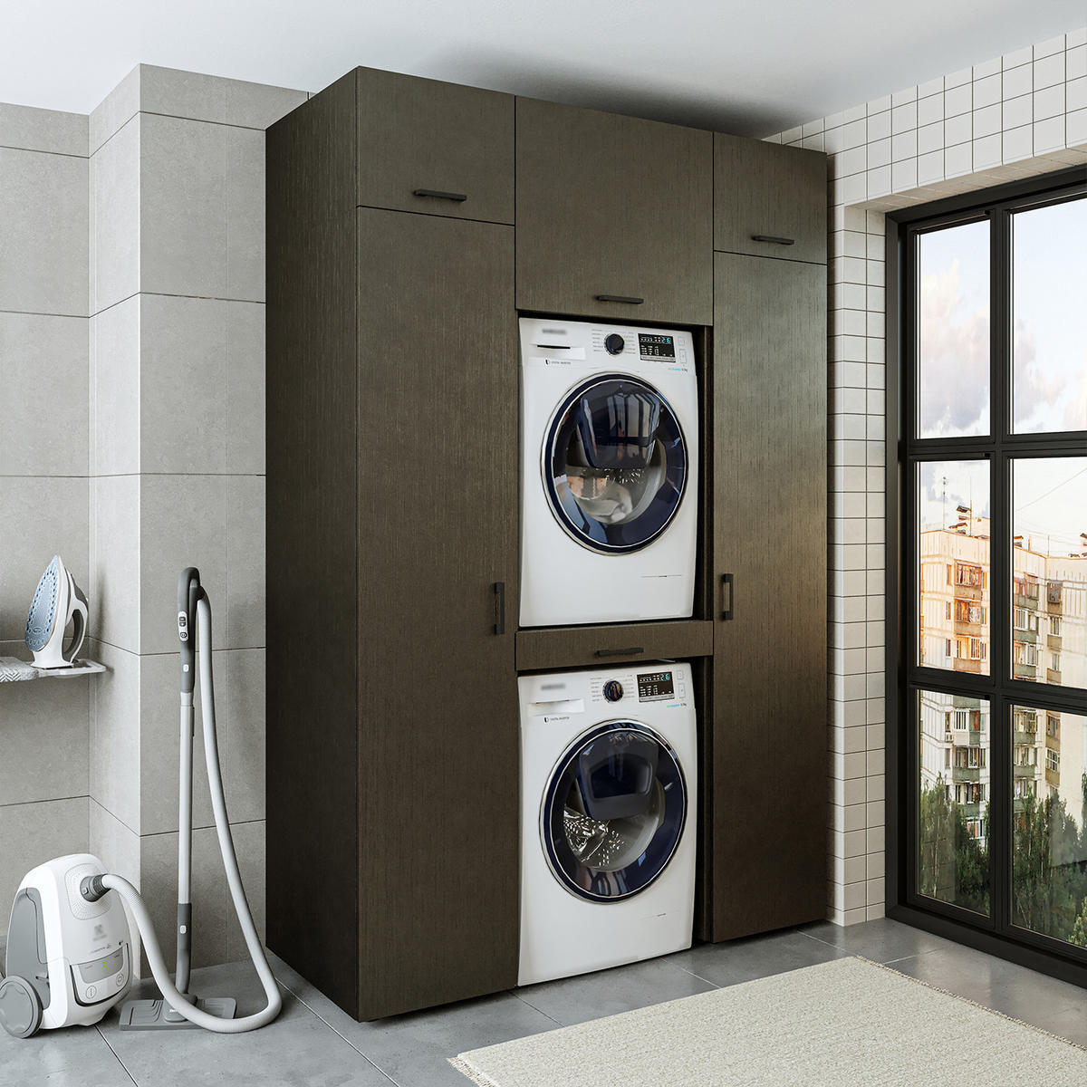 WASCHMASCHINENSCHRANK DUO-I 157cm Breit, 240cm Hoch - Schwarz, Holzwerkstoff (157/240/67cm)