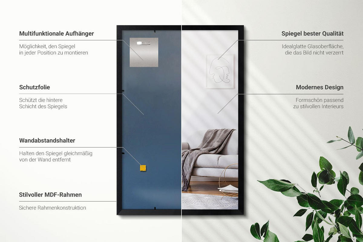 SPIEGEL 60x40cm Schwarzer Rahmen - Schwarz, Glas (60/40/0.4cm) - Wallfluent