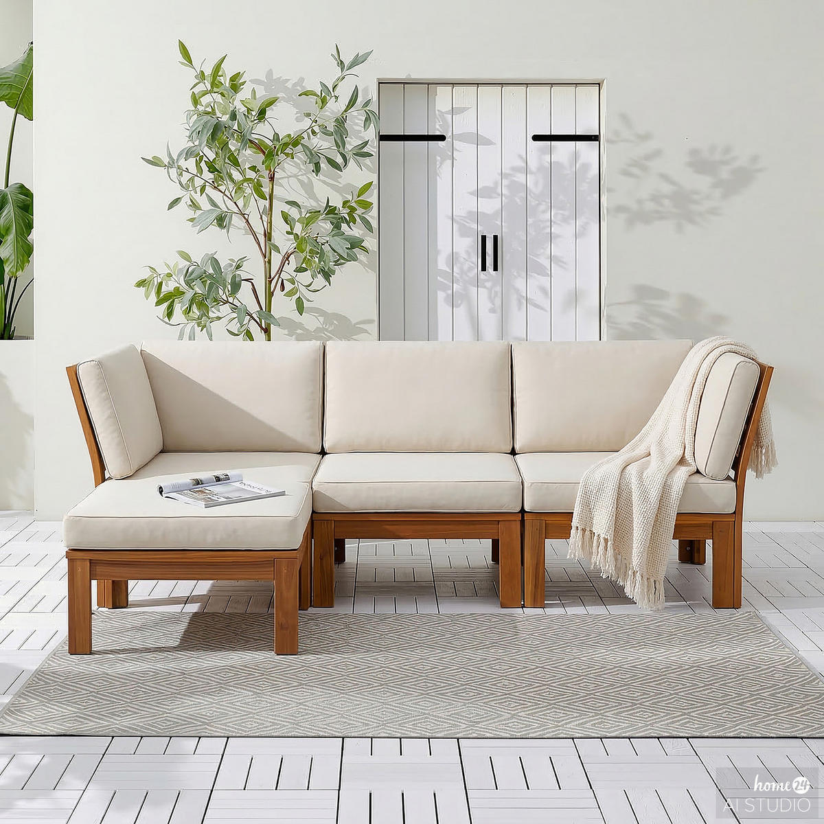 LOUNGESOFA - 4-teilig - Webstoff / Akazie massiv - Weiß, Holz/Textil - home24