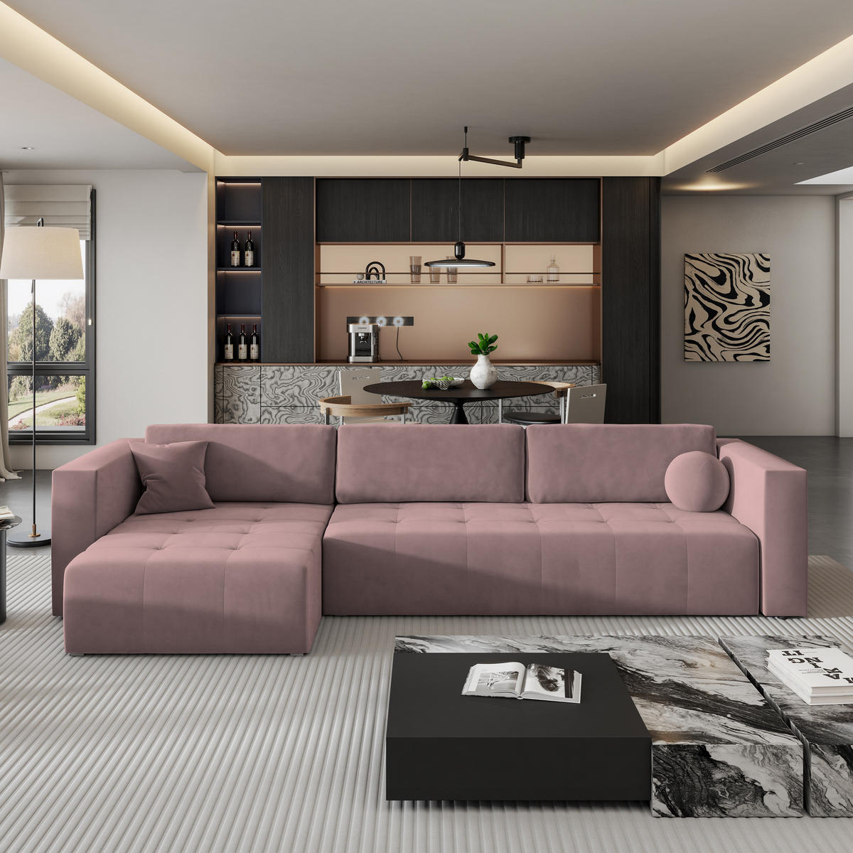 ROHOVÁ SEDAČKA OLVERA starorůžová - šedá/starorůžová, dřevo/textil (347/148cm) - MASSENO