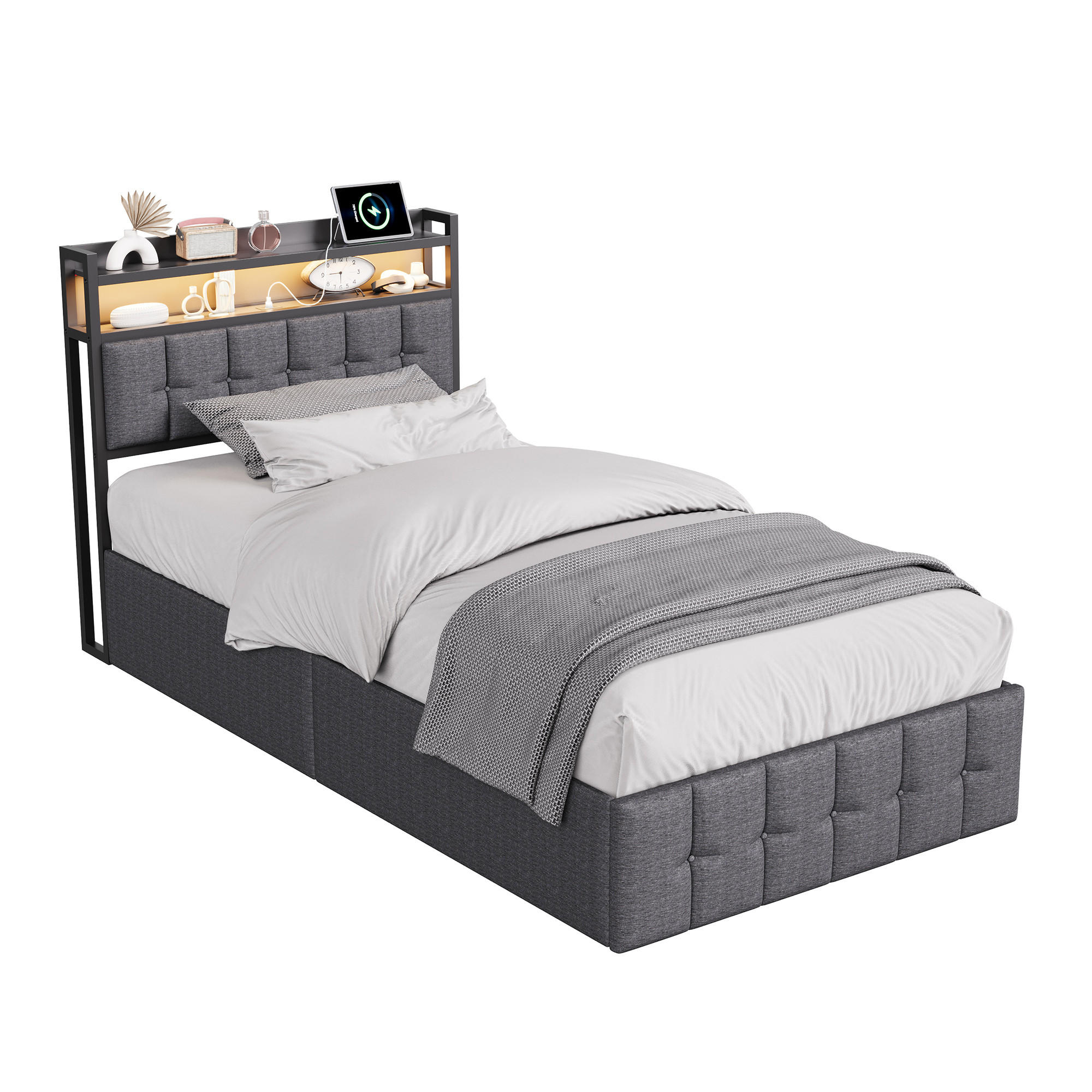 STAURAUMBETT 90x200 cm adulte mit Kopfteil mit Stauraum, LED-Beleuchtung, USB, Hydraulisches Hubsystem, Leinenstoff, Lattenrost - Grey - Grau, Holzwerkstoff (90/200cm) - Brevoria