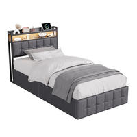 STAURAUMBETT 90x200 cm adulte mit Kopfteil mit Stauraum, LED-Beleuchtung, USB, Hydraulisches Hubsystem, Leinenstoff, Lattenrost - Grey - Grau, Holzwerkstoff (90/200cm) - Brevoria