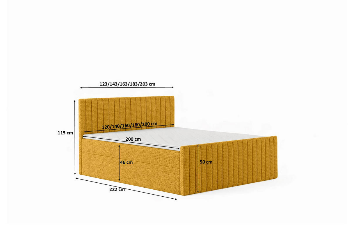 BOXBETT Mit Matratze Und Bettkasten, Chenille-Stoff Flow, Gelb, 120x200 cm, H2-Pocket, DEMETER - Gelb, Holz (120/200cm) - Kaiser Möbel