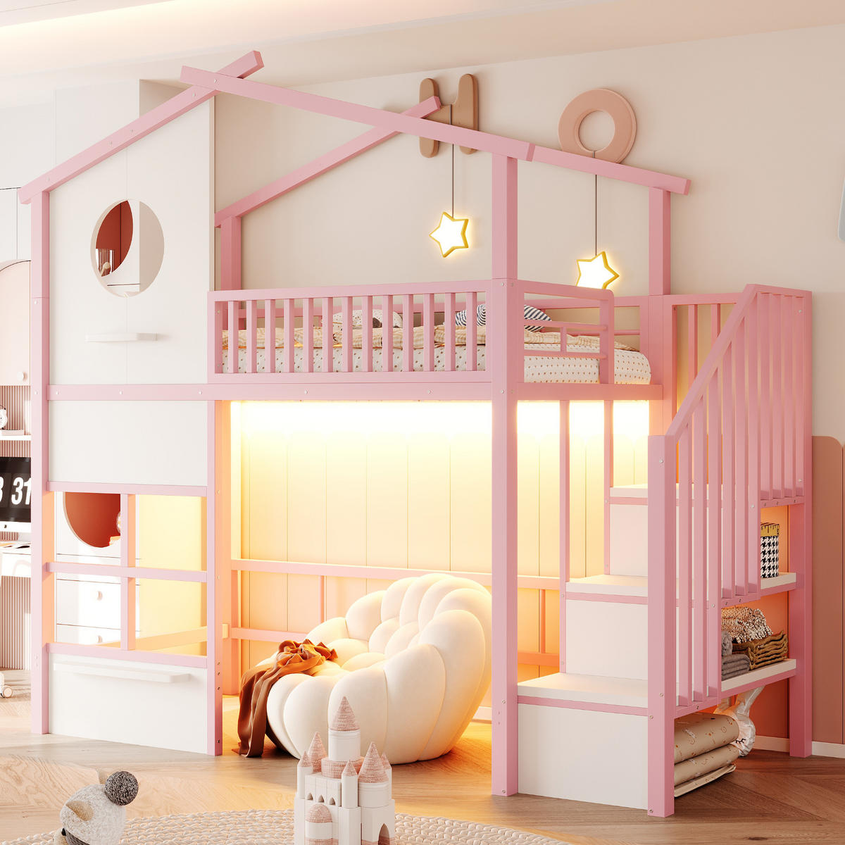 HOCHBETT 90/200 cm mit LED und Stauraumtreppe, DE-41612, in Rosa - Pink, Metall (90/200cm) - ComfortXL