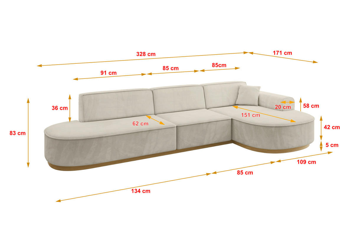 ECKSOFA Ottomane Rechts MARI-L2-v2 - 328x171x83 cm Ecru Velours - Ecru, Holzwerkstoff/Textil (171/328cm) - ALTDECOR