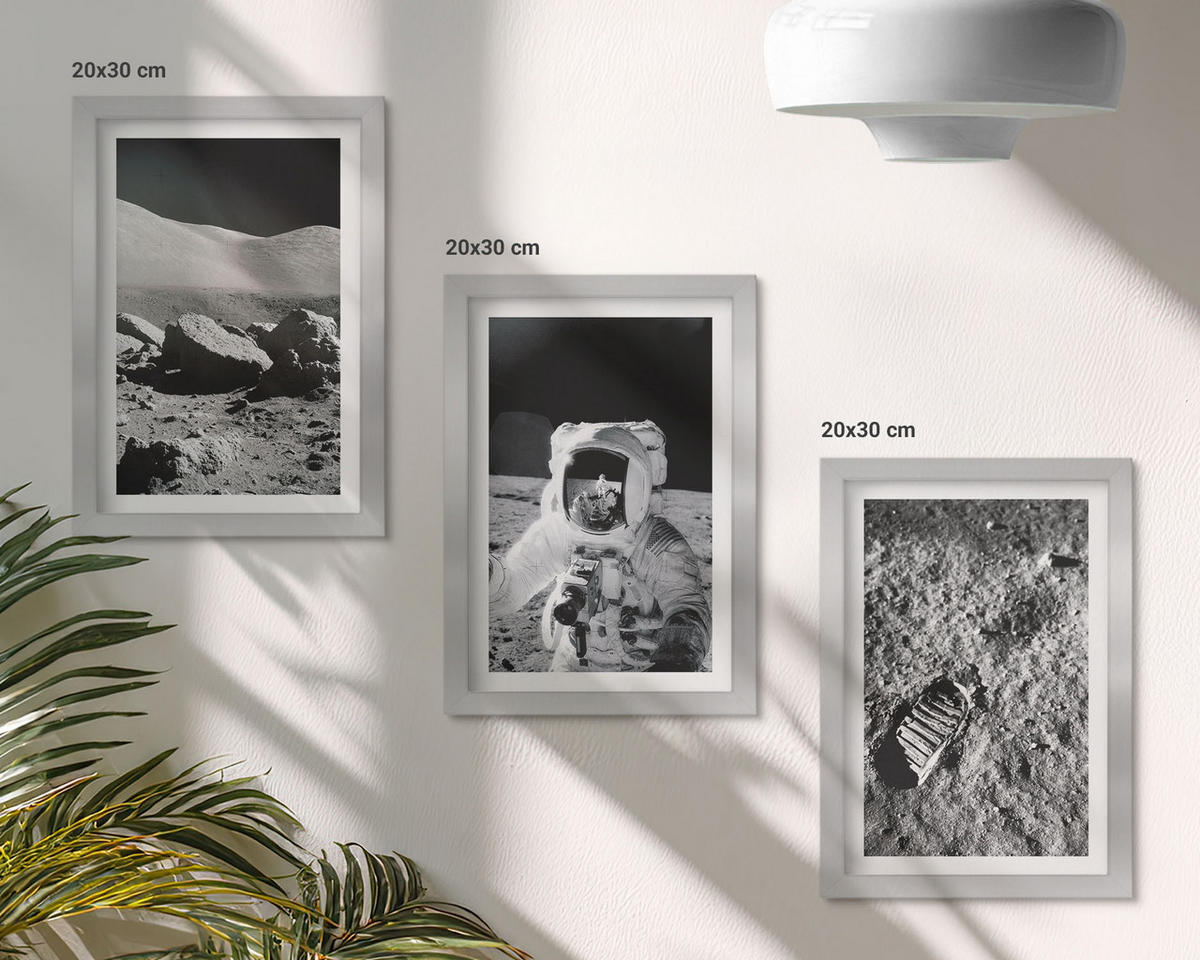 BILDER SET 3er Set - 20x30 cm Silberner Rahmen - NASA-Fotos vom Mond Astronaut - Silberfarben, Kunststoff (20/30cm) - TULUP