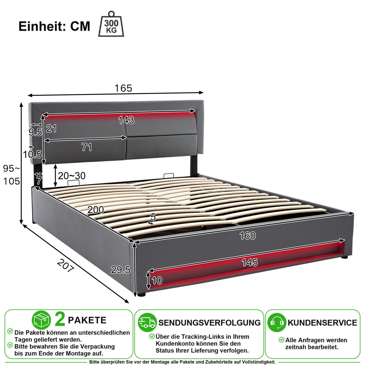 ČALOUNĚNÁ POSTEL 160/200 cm v šedé barvě s LED, USB a úložným prostorem - šedá, kov/kompozitní dřevo (160/200cm) - CHICFURN