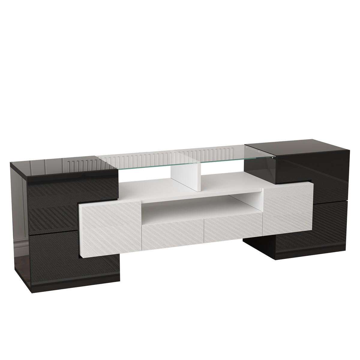 LOWBOARD in Weiß und Schwarz mit LED und Glasoberfläche für Wohnzimmer, 145/B30/H51cm - Schwarz/Weiß, Glas/Holzwerkstoff (145/51/30cm) - STILVORA