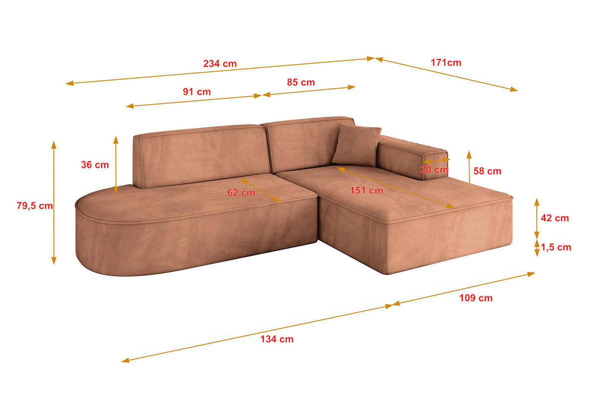 ECKSOFA Ottomane Rechts IREA-L1-v4 - 234x171x79 cm Koralle - Koralle, Holzwerkstoff/Textil (171/234cm) - ALTDECOR