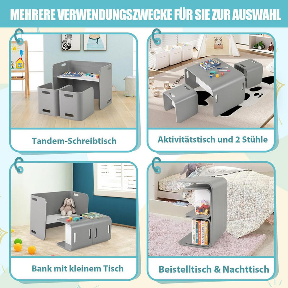 KINDERTISCH‑SET aus Birkenholz grau(3-tlg) - Grau, Holz (66/51/41cm) - COSTWAY