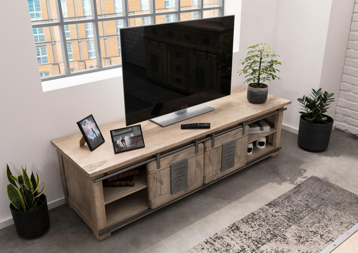 TV-BOARD Mango 180x55x50 whitewash lackiert RAILWAY #346 - Beige, Holz (180/50/55cm) - Massivmoebel24