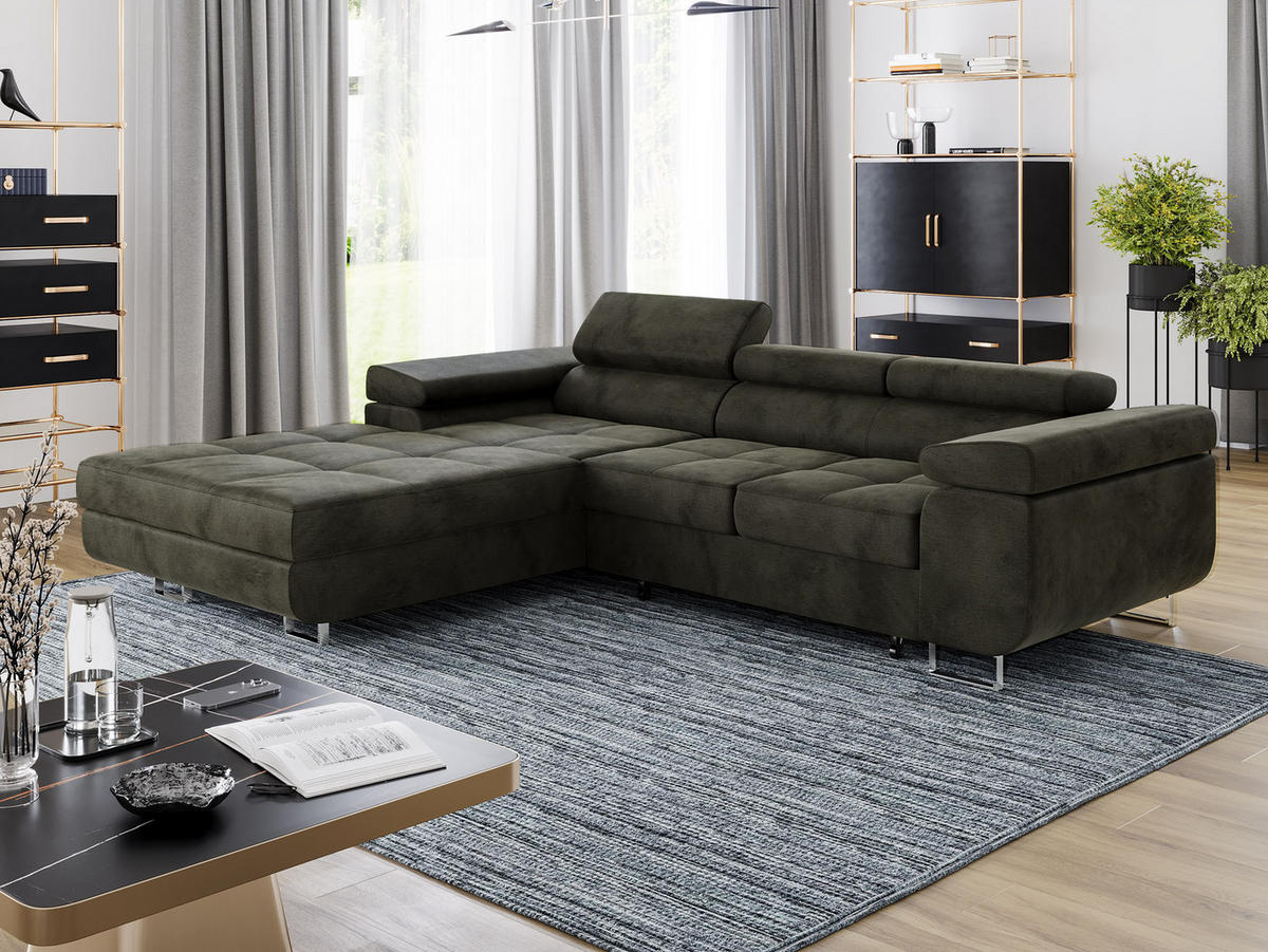 ECKSOFA VEMO CORE Links Schwarz Velours-Stoff mit Schlaffunktion und Bettkasten - Schwarz, Holz/Metall (280/205cm) - Barchello