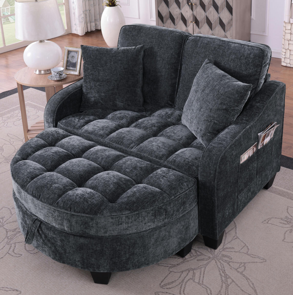 SOFA-BETT 132/129/93 cm aus Eukalyptusholz mit Aufbewahrungshocker Schwarz - Schwarz, Holz (129/93/132cm) - Modenvie