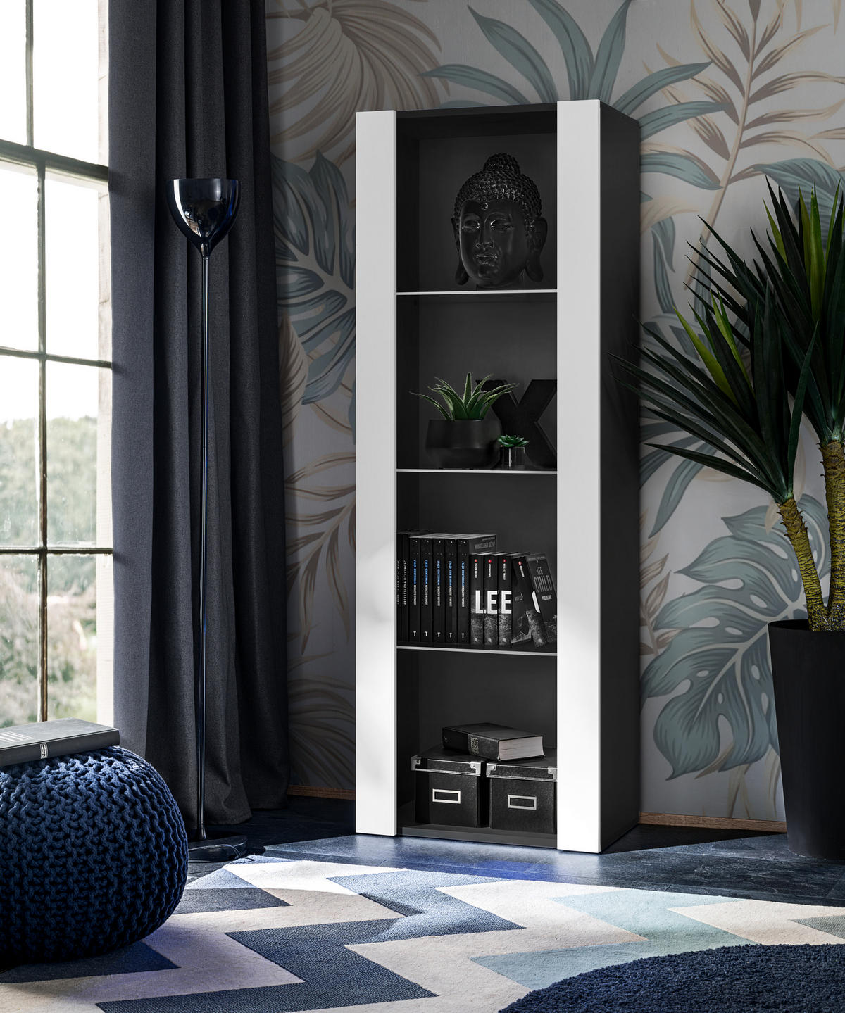 VITRINE TIVOLI, Schwarz + Weiß - Schwarz/Weiß, Glas/Holzwerkstoff (55/159/35cm) - Komodee