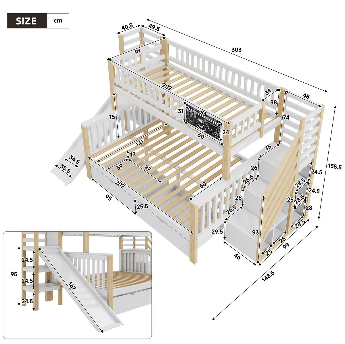 ETAGENBETT aus Kiefernholz 90x200 & 140x200 cm Weiß/Natur mit Rutsche, Tafel und Stauraum - Weiß, Holz (140/200cm) - IVMEU