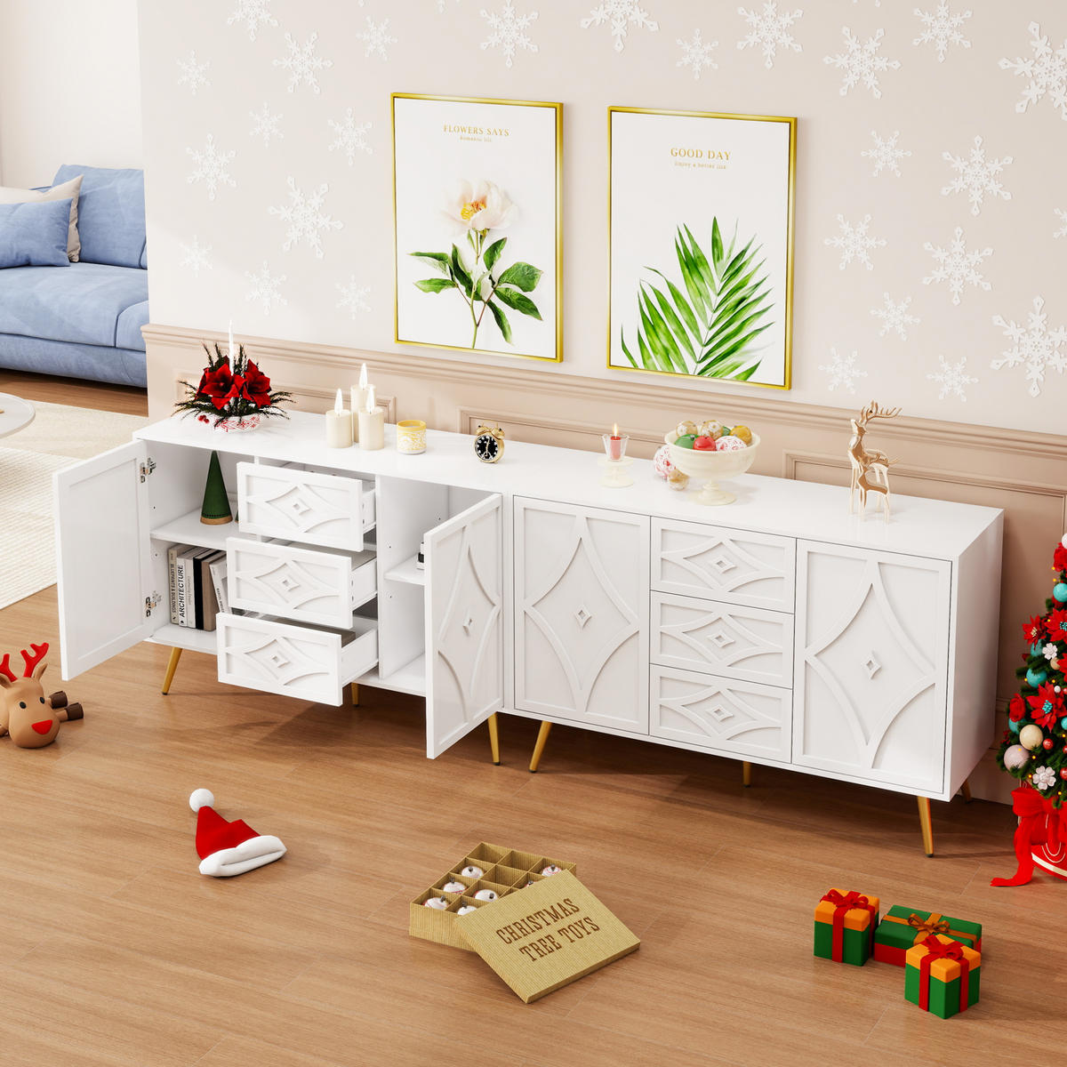 SIDEBOARD in Weiß Kommode mit Rautenmuster, 3 Schubladen und 2 Türen für Wohnzimmer und Schlafzimmer, B120/T40/H80cm - Goldfarben/Weiß, Holzwerkstoff/Metall (120/80/40cm) - STILVORA