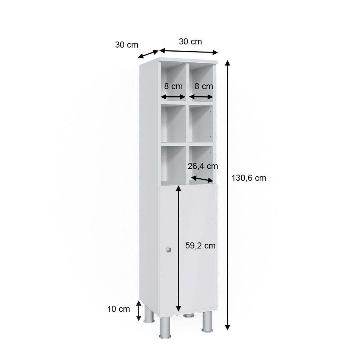 MIDISCHRANK Fynn Weiß 30 x 130.6 cm große Tür - Weiß, Holzwerkstoff (30/130.6/30cm) - Vicco